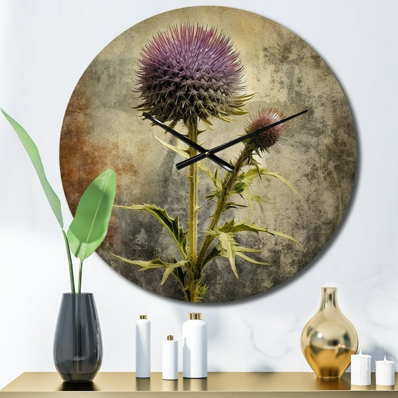 Designart "Purple Green Thistle Whispers Tranquil Florals" Floral Oversized Wall Clock