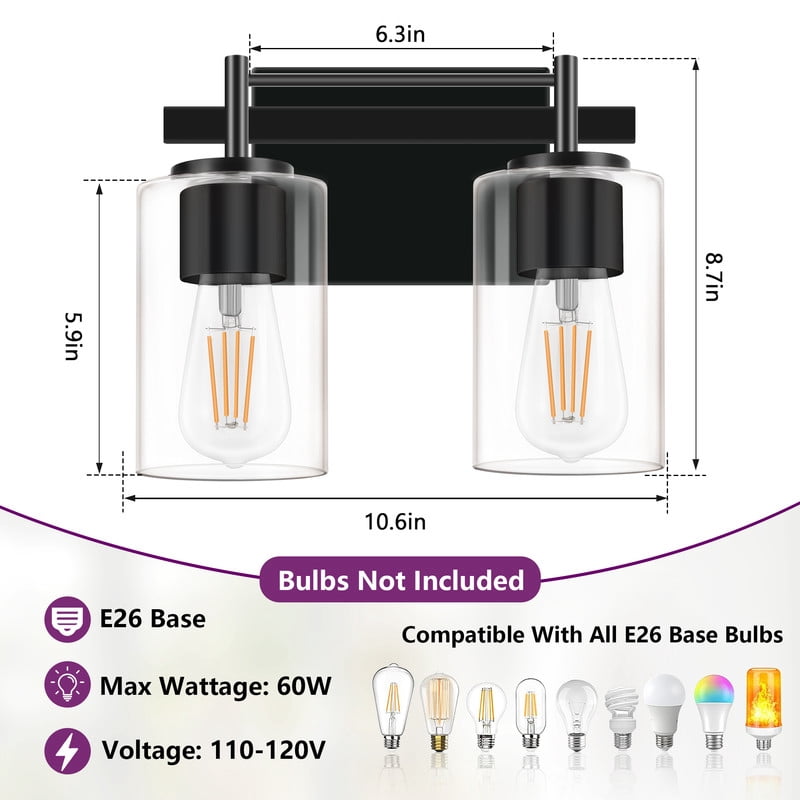 GCGAFUL Bathroom Vanity Light, 10.43 in. 2-Light Matte Black Modern Wall Sconce with Clear Glass Shade