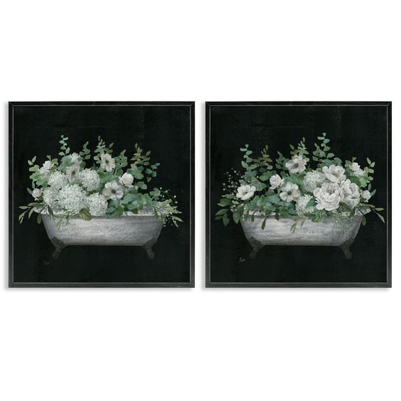 Stupell Industries Filled White Floral Soaking Tub Bath & Laundry Painting Black Framed Art Print Wall Art, 12 x 12, Set of 2
