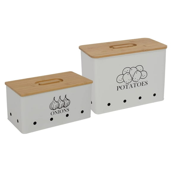 Xbopetda Potato Onion Storage Box, Food Container Sets, Storage Canisters for Vegeatables, Set of 2 Jars Pots Containers, Potato & Onion Bin with Aerating Tin Storage Holes & Bambo