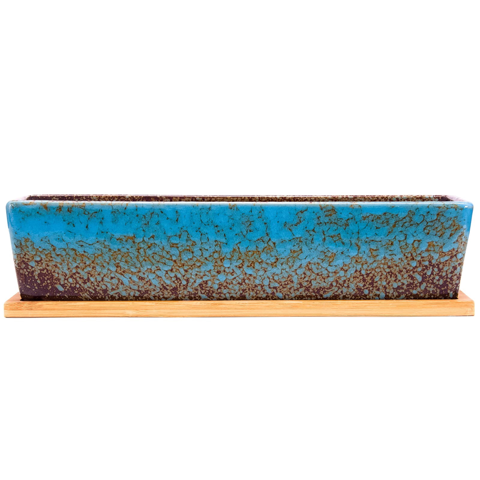 Succulent Planter Pots Large Rectangular Ceramic Cactus Flower Pot with Drainage and Bamboo Tray 12 Inch Shallow Bonsai Window Box for Home Garden Decor