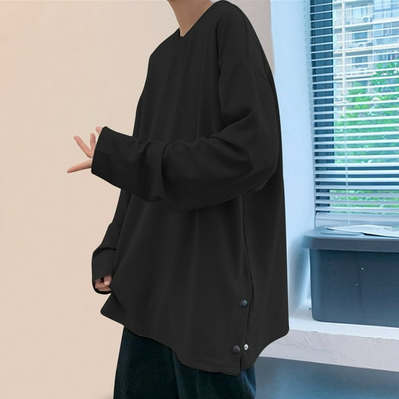 Dovford Men Side Split Sweatshirt: Summer Spring Crewneck Long Sleeve Oversized Casual Solid Pullover Tops