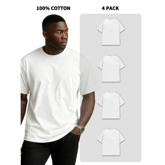 4-Pack Men's 100% Cotton Crew Neck Short-Sleeve T-Shirts, 180g, 1.5% Shrinkage Rate, Bulk