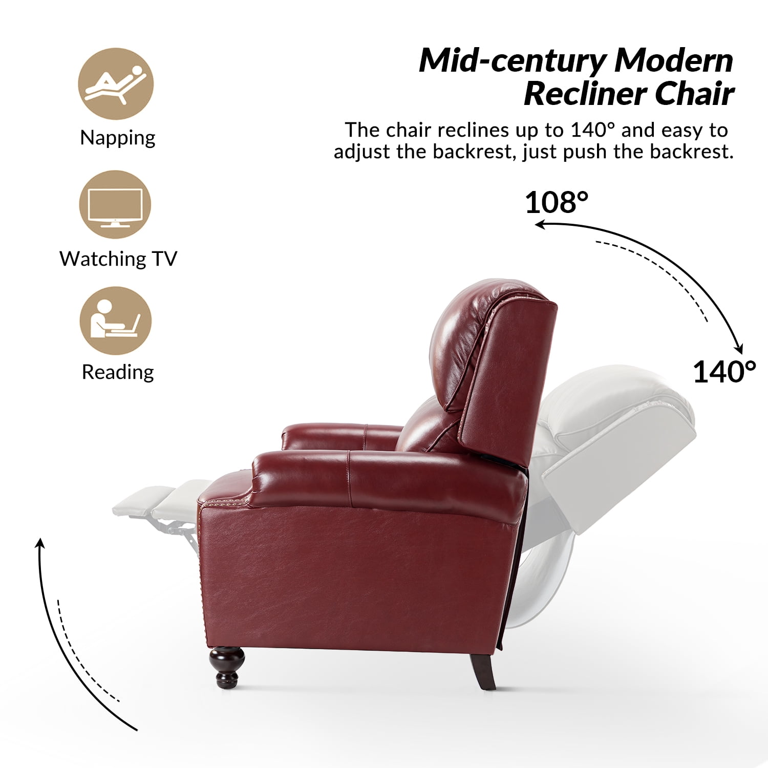 Mid-century Genuine Leather Pushback Recliner Chair with Nailhead Trim Set of 2 Burgundy