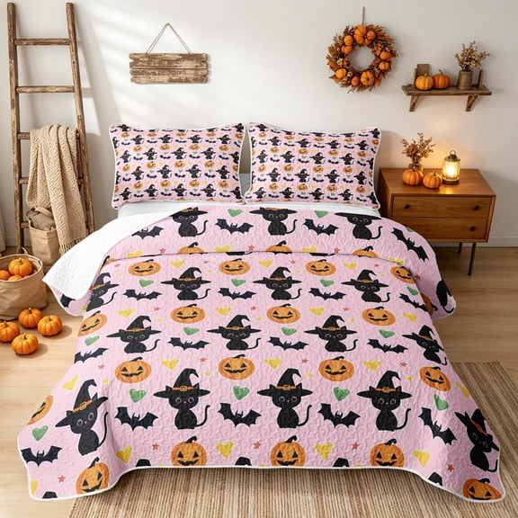 Erosebridal Halloween Witch Cat Twin Quilt Set, Cute Heart Twin Coverlet Set for Girls, Pink Orange, 2pcs 1 Bedspread and 1 Pillowcase