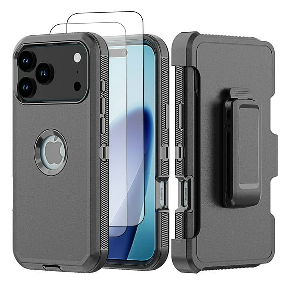Hotpom for iPhone 17 Pro Max Case with Belt Clip 2 Pack Screen Protector Complete Body Tough Shockproof And Dustproof Protective Cover, Black