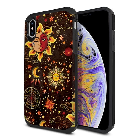 FINCIBO Black Hybrid Case Hard Plastic TPU Slim Back Cover for Apple iPhone XS Max 6.5", Celestial Sun Moon and Stars