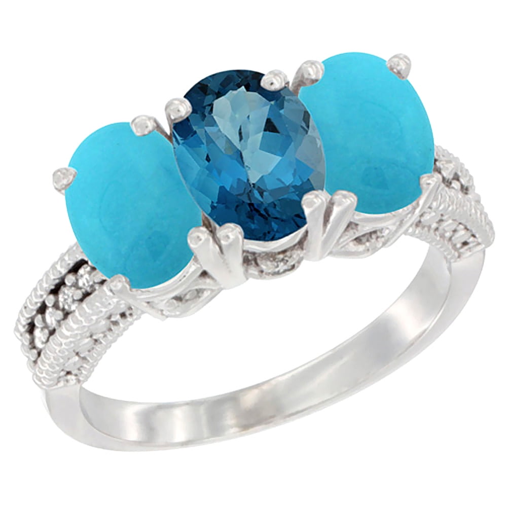 14K White Gold Natural London Blue Topaz & Turquoise Sides Ring 3-Stone 7x5 mm Oval Diamond Accent, sizes 5 10 by WorldJewels