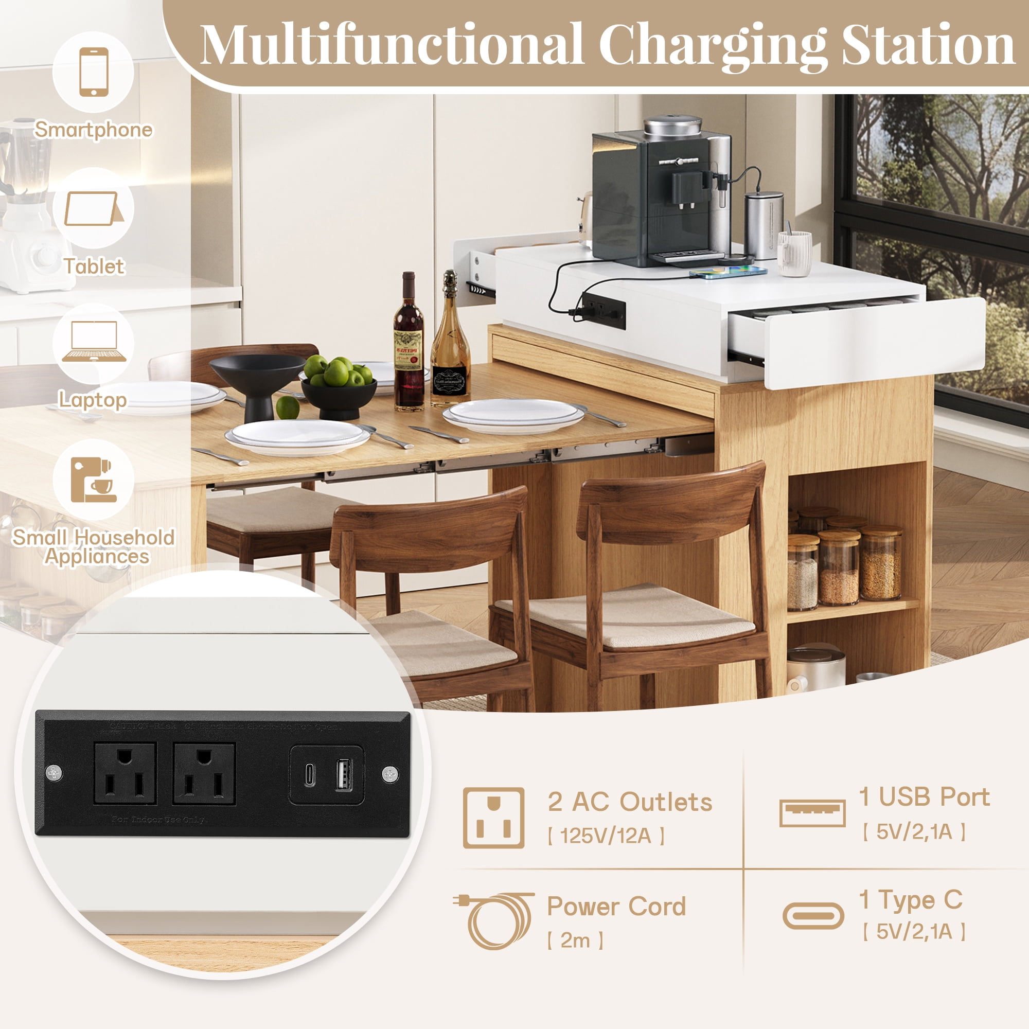 Noble HouseHORIZON Extendable Dining Table with Folding Tabletop, Bar Table with Drawers and Power Outlet(Natural+Creamy White)