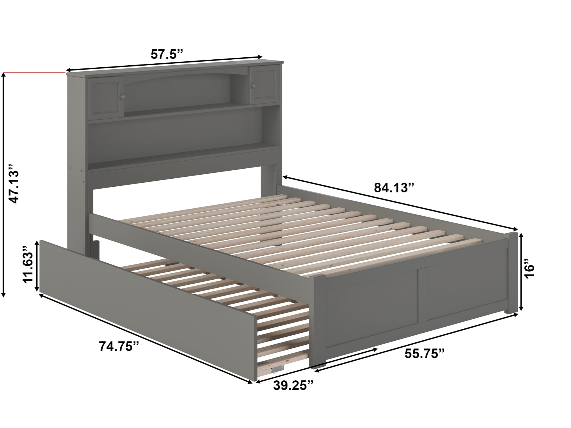 AFI Newport Full Solid Wood Platform Bed with Footboard & Twin Trundle in Grey