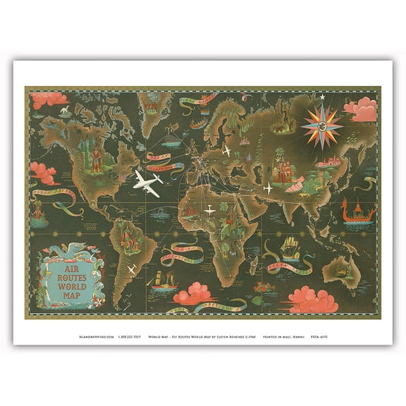 World Map - Fly Routes World Map - Planisphere - Vintage Airline Travel Poster by Lucien Boucher c.1948 - Master Art Print (Unframed) 9in x 12in