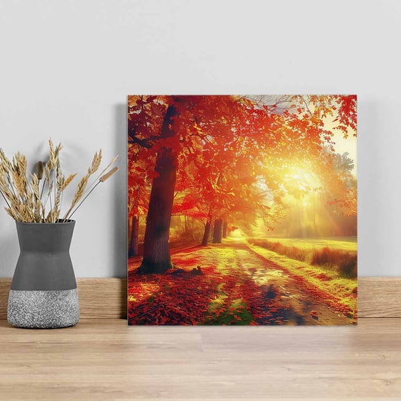 Fall Thanksgiving Wall Art Painting on Canvas, Red Orange Sunrise Forest Autumn Canvas Art Home Prints Wall Art Framed Modern Artwork for Living Room Bedroom Wall Decor 16x16in