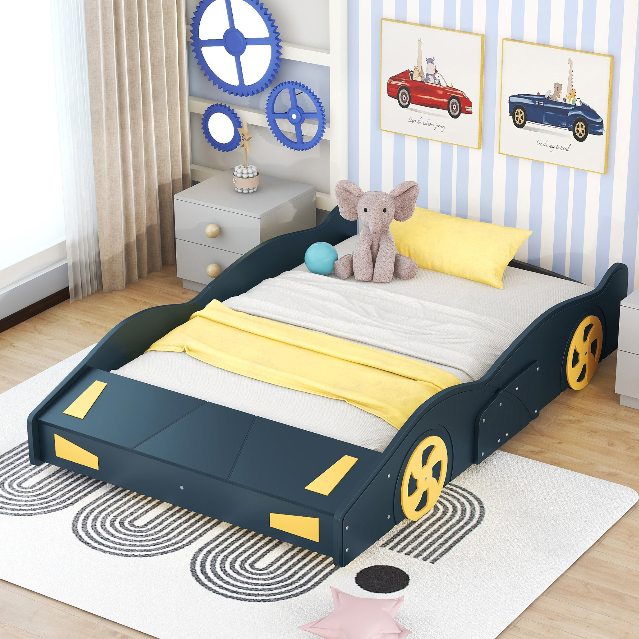 Full Size Race Car-Shaped Platform Bed with Wheels and Storage, Dark Blue&Yellow 60AAC