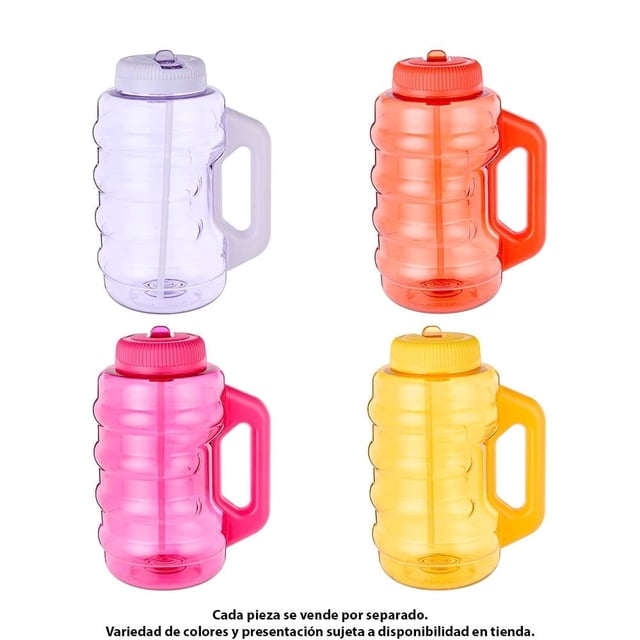 botella cool gear plástico con popote y asa para bebidas frías de 2.83 litros jarra acanalada de plástico resistente con tapa roscada y popote integrado, asa lateral para transporte; cuatro variantes de color (lila, naranja, rosa, amarillo) sobre fondo blanco; suele usarse también para llevar bebidas durante ejercicio o jornadas largas.