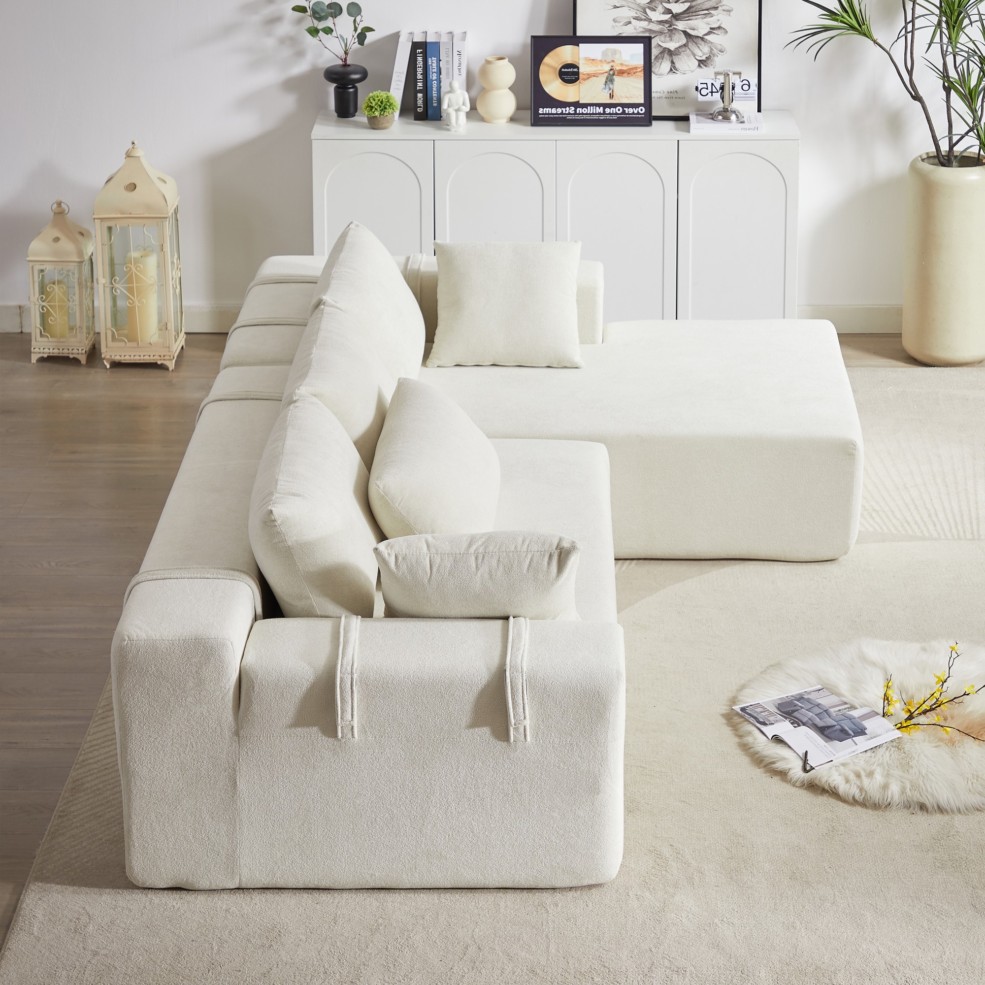 Modern Upholstered Sectional Sofa Couch,108" L Shaped Chenille Modular Free Combination Sofa Couch With 6 Pillows for Living Room,Bedroom,Right Chaise,Beige