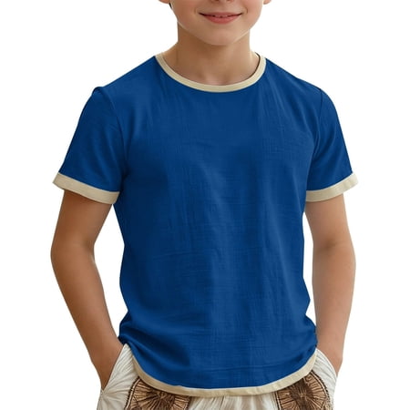ZXLBBD Kids Boys Summer Short Sleeve Shirts Blend Round Neck Tee Solid Color Comfortable Top for Beach Activewear Holiday Clothing