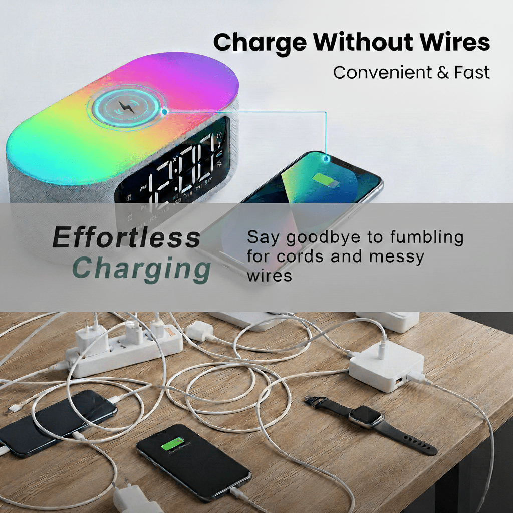 Wireless Charging Alarm Clock for Bedroom, with Big Led Screen Display, Bluetooth Stereo Sound Speaker, FM Radio, Fast Wireless Charging, USB Charging Port, Nightlight, White Noise