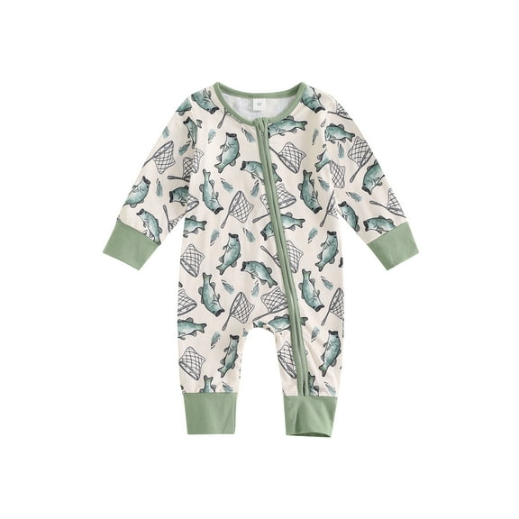 Newborn Baby Boy Girl Fall Winter Clothes Long Sleeve Fish Print Zipper Jumpsuit Romper Outfits 0-12M