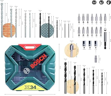 Bosch Drill Bit And Screwdriving Bits Set, 34 Pieces, X-Line Green, Containing Wood Bits, Masonry Bits, Metal Drill Bits And Screwdriver Bits