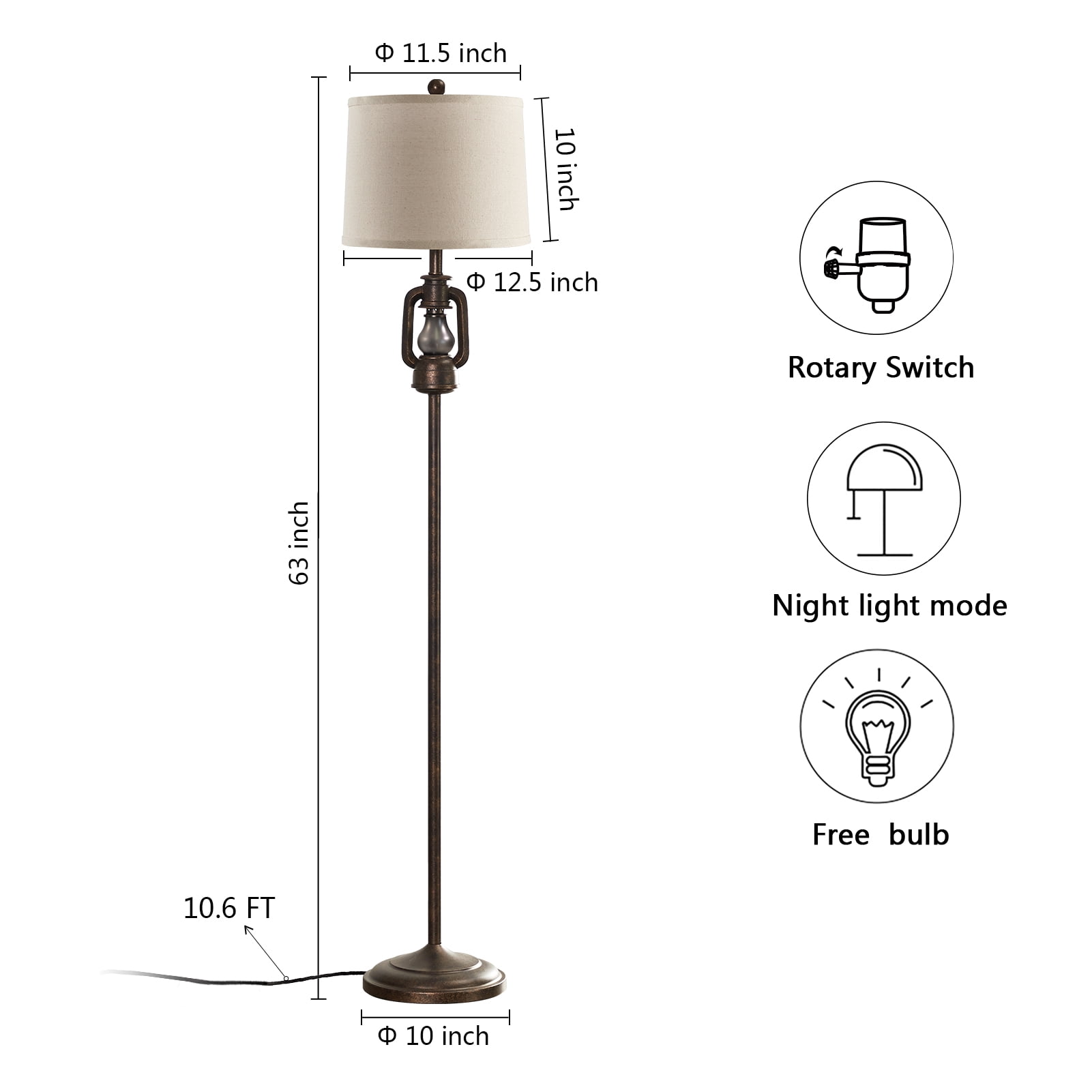 JUJUYUYOP 63" Linen Lampshade Vintage Country Farmhouse Style Floor Lamp with Lantern Night Light, Suitable for Living Room, Bedroom, and Office (Bulb Included)