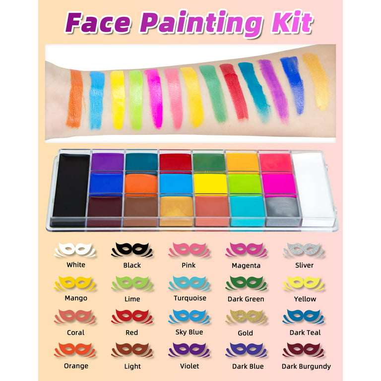 Face Painting Kit for Kids 20 Water Based Non-Toxic Sensitive Skin Paints  100 Stencils 3 Glitters 2 Hair Chalks Combs 2 Tattoos Sheets 4 Colors Split