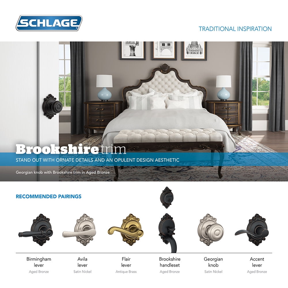 Schlage F10 Georgian With Brookshire Passage Lock with 16080 Latch 10027 Strike Bright Brass Finish