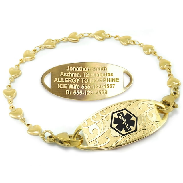 MedicEngraved Yellow Gold Stainless Steel Custom Medical Alert Bracelet - 5mm Heart Link