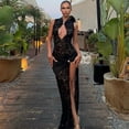 thumbnail image 2 of Sexy and fashionable lace hollow-out high slit slim sleeveless dress for women, 2 of 4
