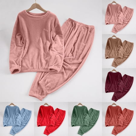 Antinious Pajamas for Women Set Solid Long Sleeve Fleece Pajamas Elastic Waist Winter Pajamas for Women Set Women s Sleepwear Outfits Wine L
