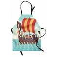 thumbnail image 1 of Vikings Apron, Whimsical Cartoon Illustration of Dragon Ship and Funny Characters, Unisex Kitchen Bib with Adjustable Neck for Cooking Gardening, Adult Size, Pale Seafoam Multicolor, by Ambesonne, 1 of 4