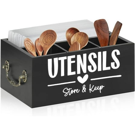 Wooden Utensil Organizer with 4 Compartments for Countertop Storage and Napkin Holder