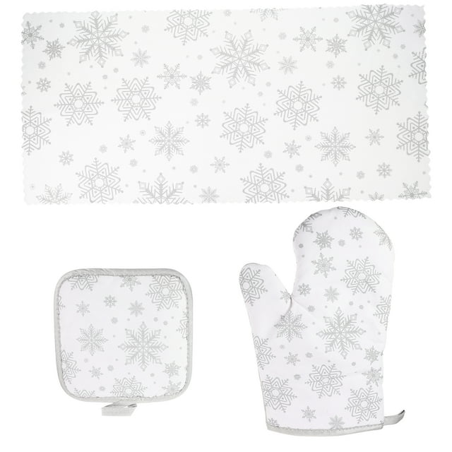 1 set of Christmas Snowflake Pattern Heat Resistant Glove Kitchen Baking Glove Pot Holder Towel
