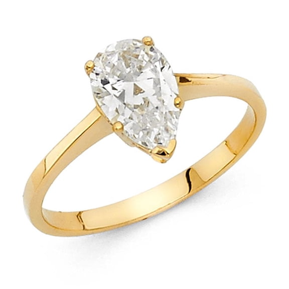 14k Yellow Gold Pear CZ Solitaire Engagement Ring Anniversary Teardrop CZ Band Bridal Drop Ring Size 7