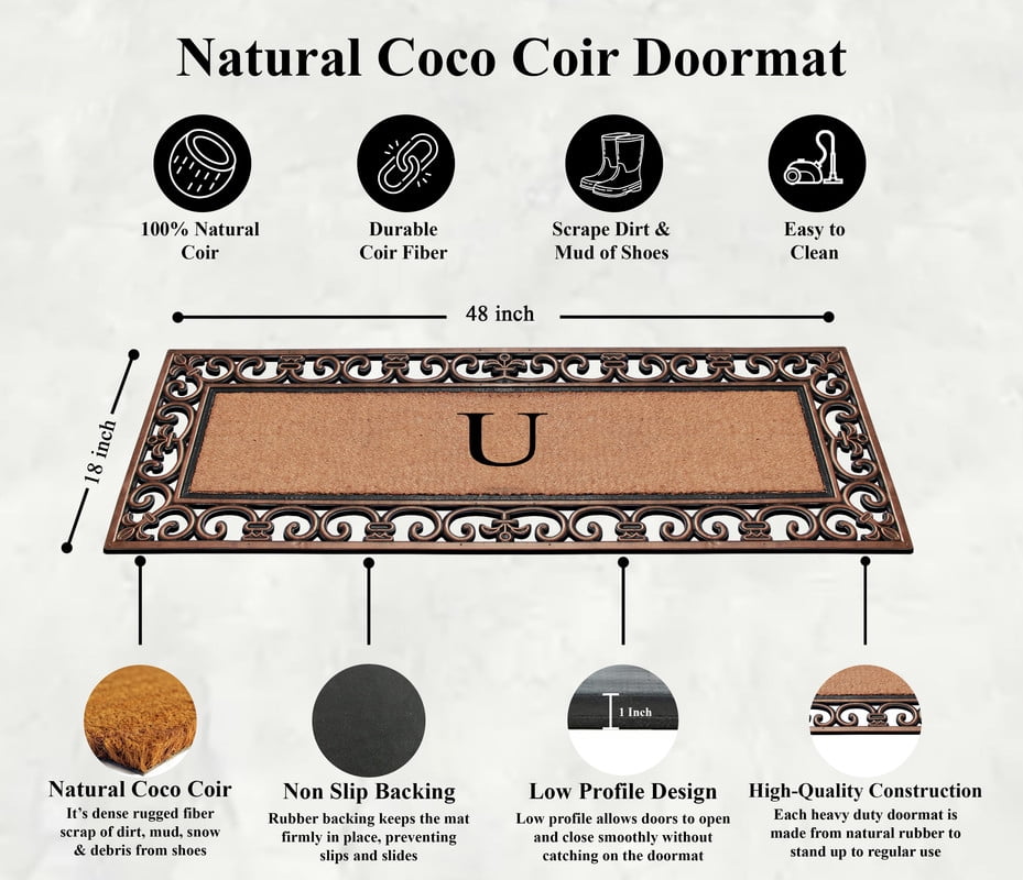 A1 Home Collections Natural Coir and Rubber Paisley Monogrammed Heavy Duty Front Porch Entry Doormat, Bronze, 48 in x 18 in