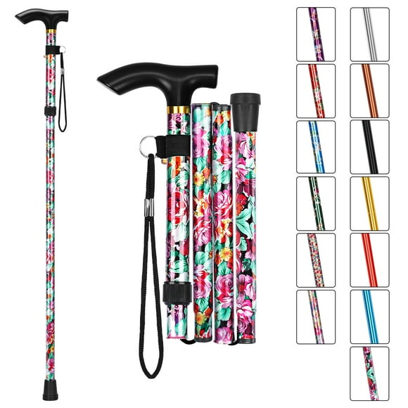 Bastón plegable MFE, portátil, ajustable en 5 niveles de altura, con diseño plegable, correa de muñeca y mango en T para hombres y mujeres, diseño floral rosa oscuro.