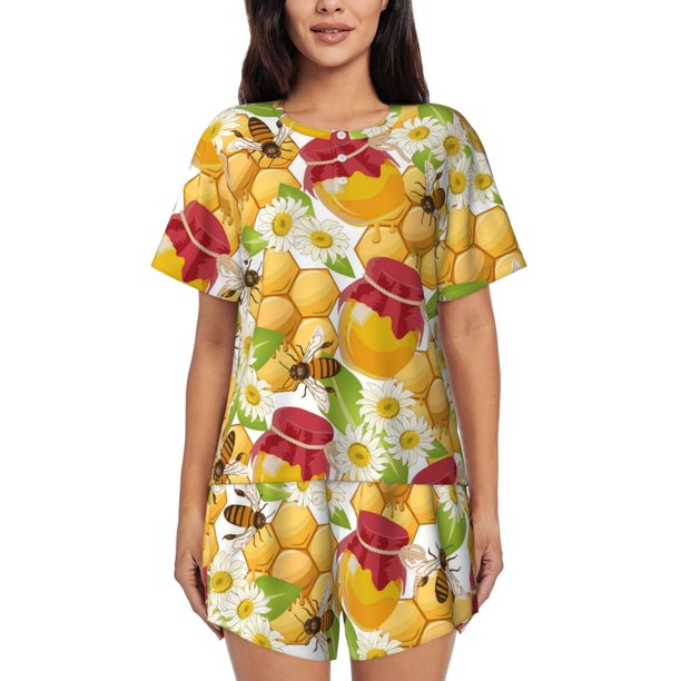 Balery Bees Honeycomb Conjunto de Pijama para Mujer con Estampado, Dos Piezas de Manga Corta y Shorts, Ropa de Dormir Suave con Cuello Redondo y Bolsillos-Large