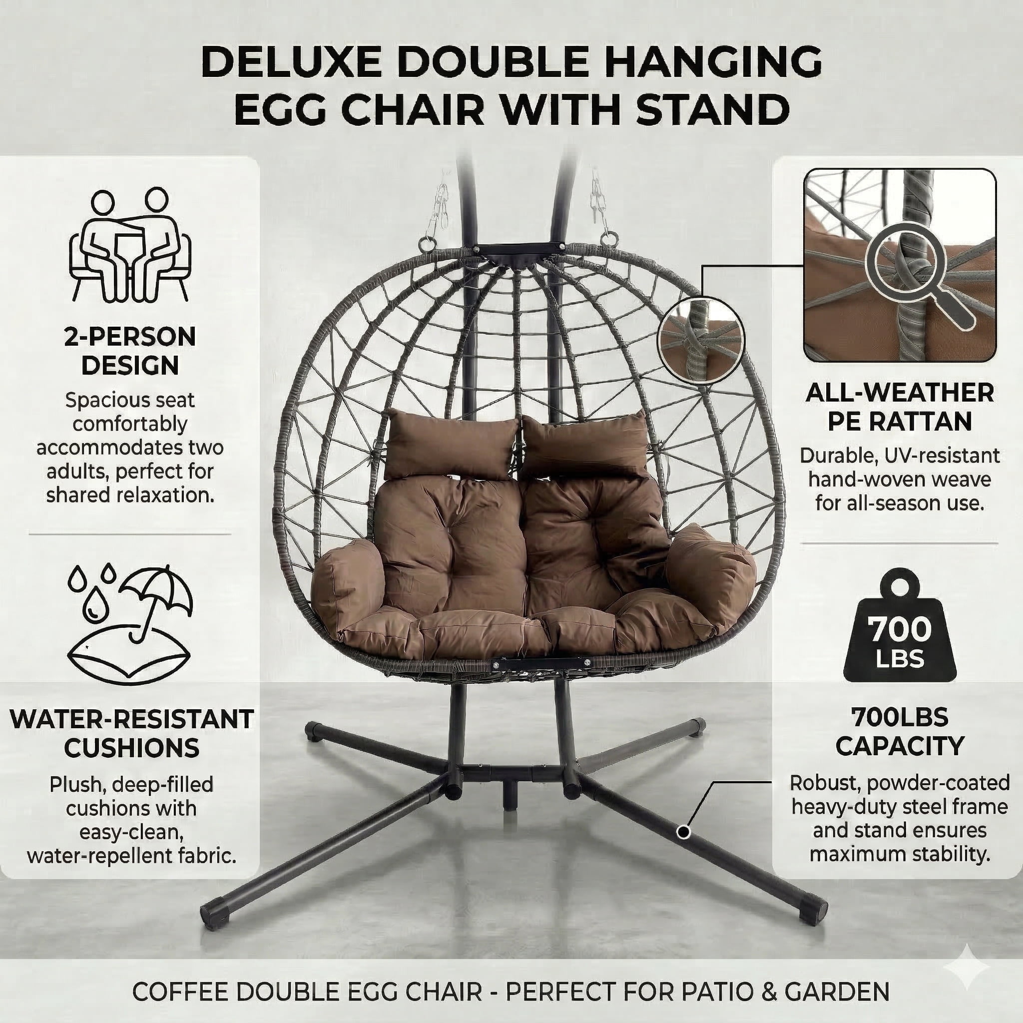 Double Egg Swing Chair with Stand, Patio Hammock Loveseat Hanging Chair with Cushion for Balcony Garden Backyard Relax, Brown