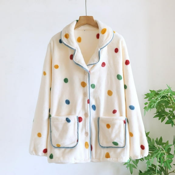 Women's Cute Fleece Pajama Tops Button down Flannel Sleepwear Jacket Soft Warm Winter Fuzzy Home Wear with Pockets New Flannel Pajamas Tops for Women White M