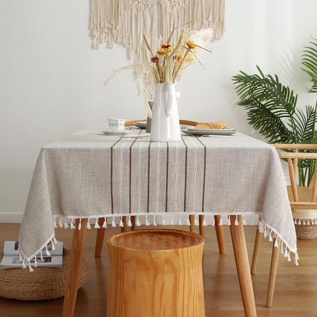 Mantel de lino de algodón lavable con borlas, mantel moderno de rayas simples para decoración de mesa de comedor de cocina de hogar
