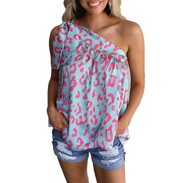 CEHVOM Women Casual Cold Shoulder Sleeveless Print Drawstring Tops Blouse
