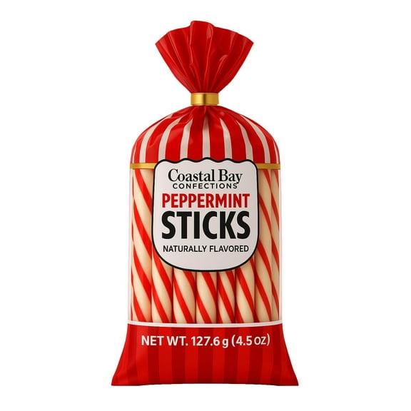 Coastal Bay Confections Classic Christmas Peppermint Sticks Candy, 4.5 oz Bag