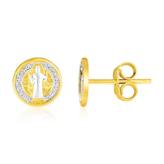 Boucles d'Oreilles Médaillon Religieux Rond en Or Bicolore 14k