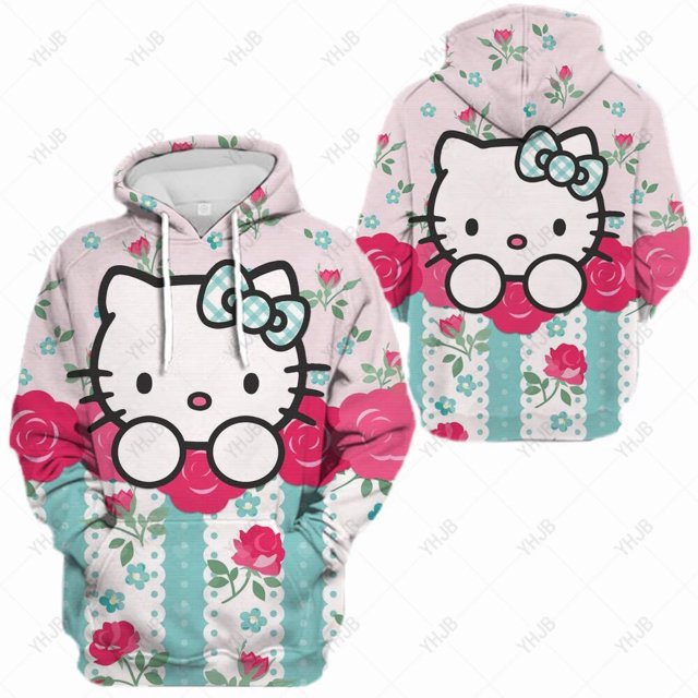 Hello Kitty Sweat à Capuche Imprimé pour Femmes, Col Rond, simple, Oversize, Mode Décontractée, Vêtements de Sport pour Femmes