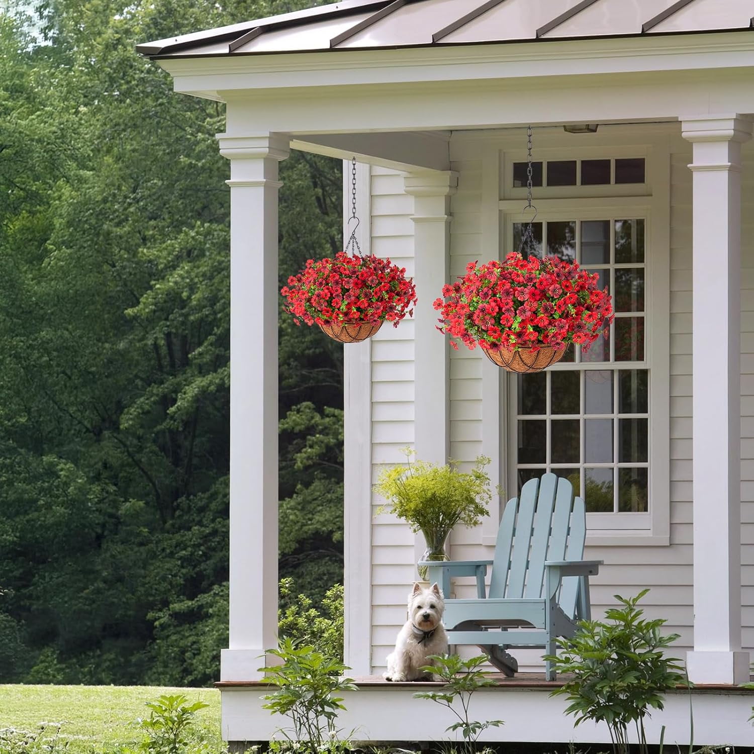 Artificial Fake Hanging Flowers Baskets for Outdoors Spring Summer Decoration Faux Silk Colorful Daisy UV Resistant for Garden Porch Home Patio Balcony Decor