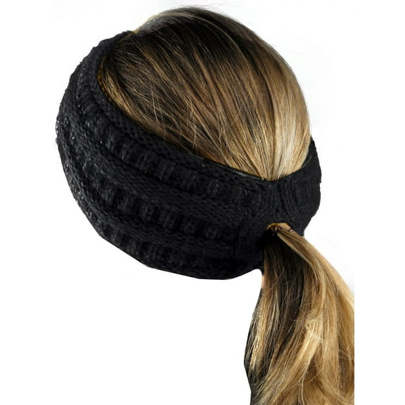 C.C Cable Knit Fuzzy Lined Ear Warmer Ponytail Pony Headband, Black