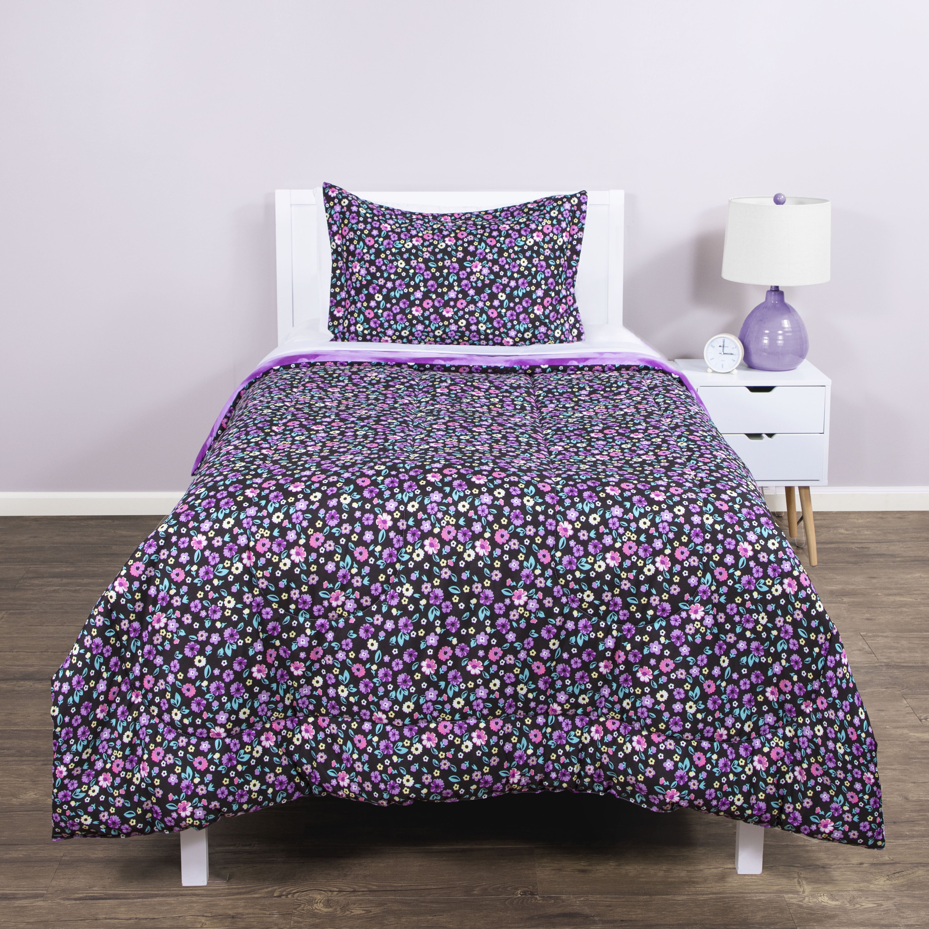 Justice Ditzy Floral Twin Comforter and Sham Set, 100% Microfiber, Purple