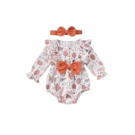 

Mioliknya Baby Girl Easter Outfit Long Sleeve Bunny Print Romper Hairband