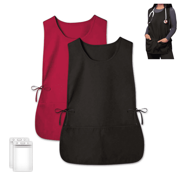 2 Pack Cobbler Apron with 2 ID Badge Holders, Unisex Waterproof Smock with Deep Pockets, Universal Apron for Housekeeping, Painting, Work, Kitchen, Hairstylist