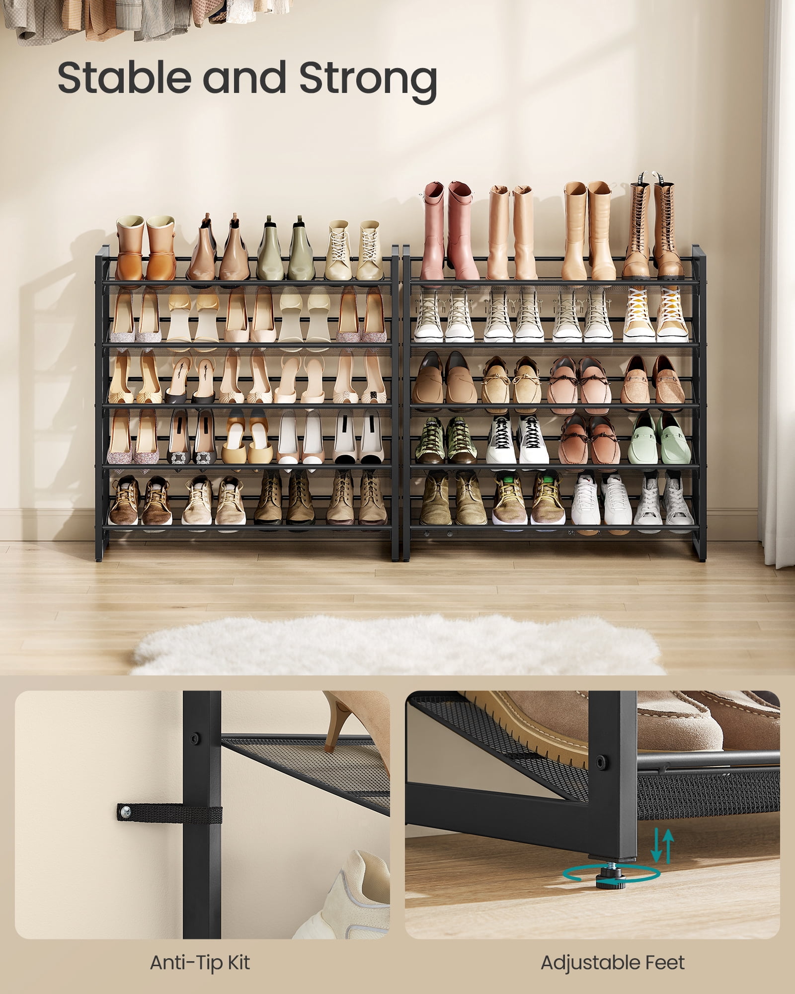 10-Tier Metal Shoe Rack, Stackable Shoe Shelf Organizer with Adjustable Flat/Angled Shelves, Holds 40-50 Pairs, Black
