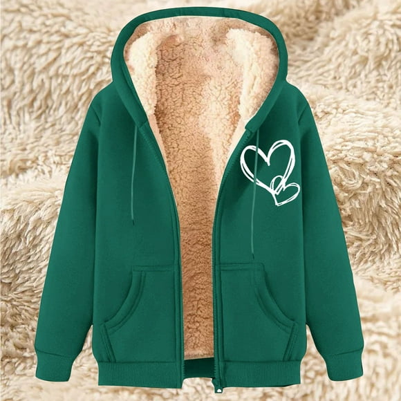 Meichang Sherpa Lined Jacket Women Heart Graphic Zip Up Hoodie Outerwear Warm Winter Long Sleeve Fleece Hooded Sweatshirt Coat with Pockets Green L